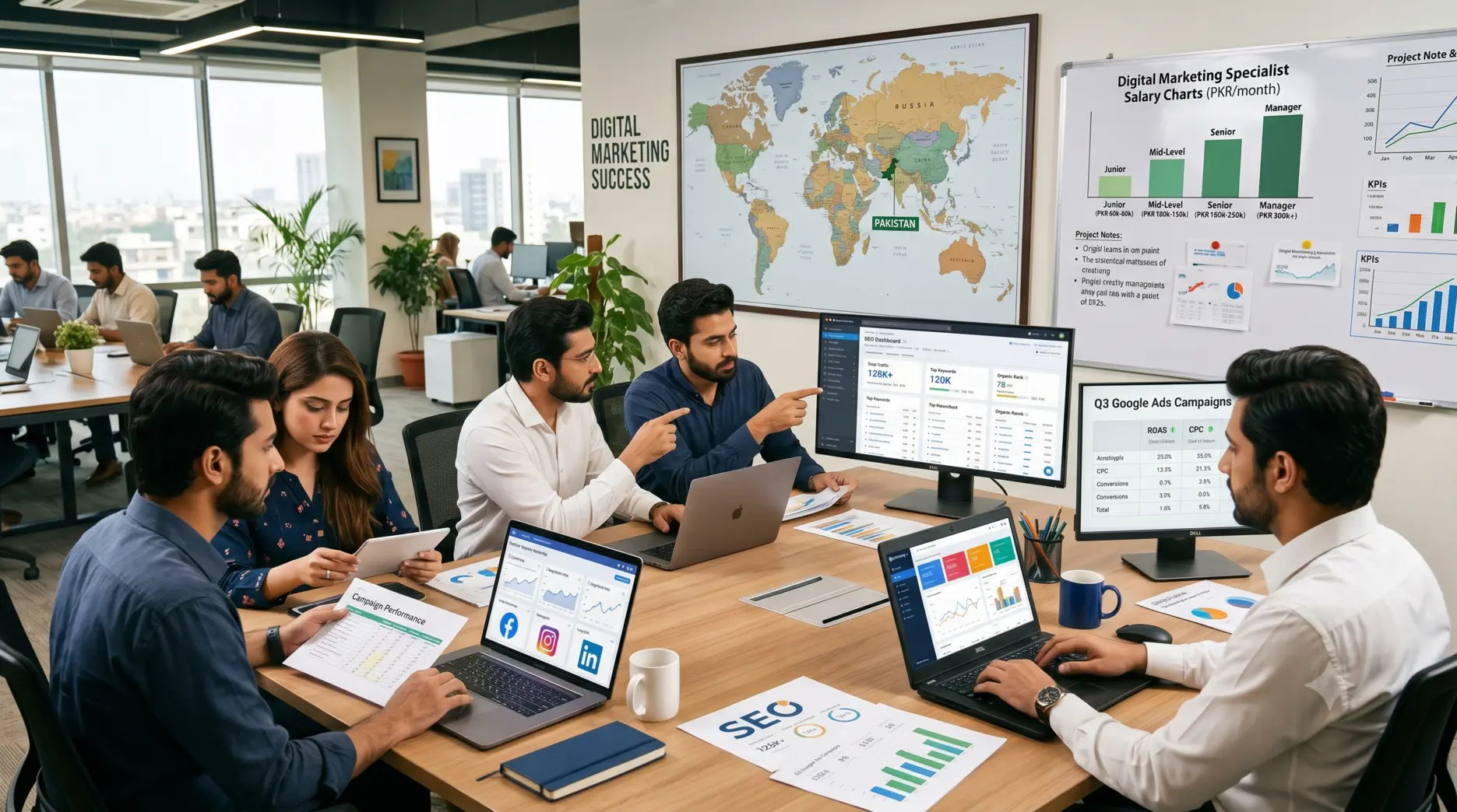 Digital marketing professionals working on SEO, social media, and online advertising with salary insights in Pakistan.