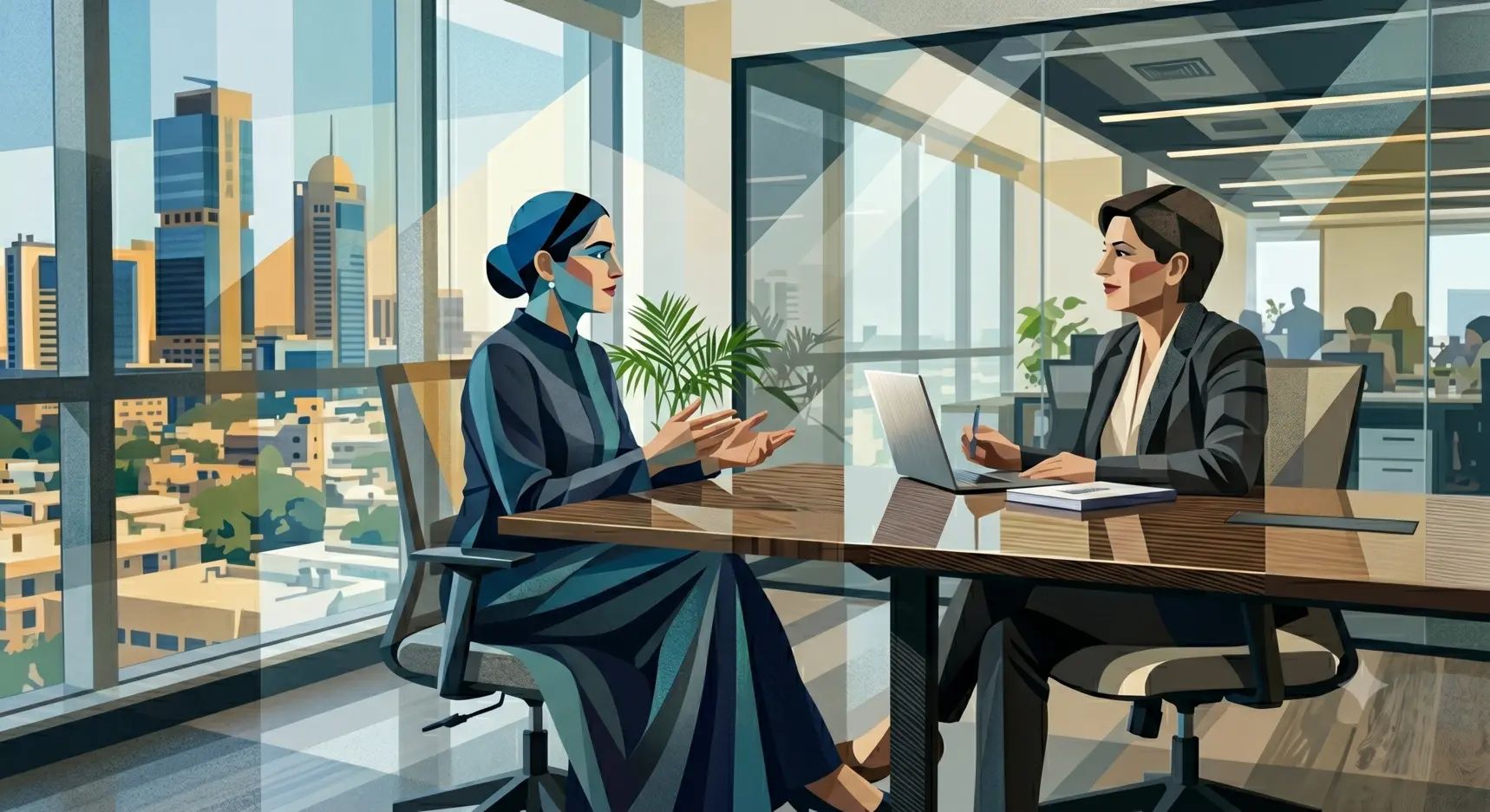 Professional candidate confidently answering common interview questions in a modern office setting.