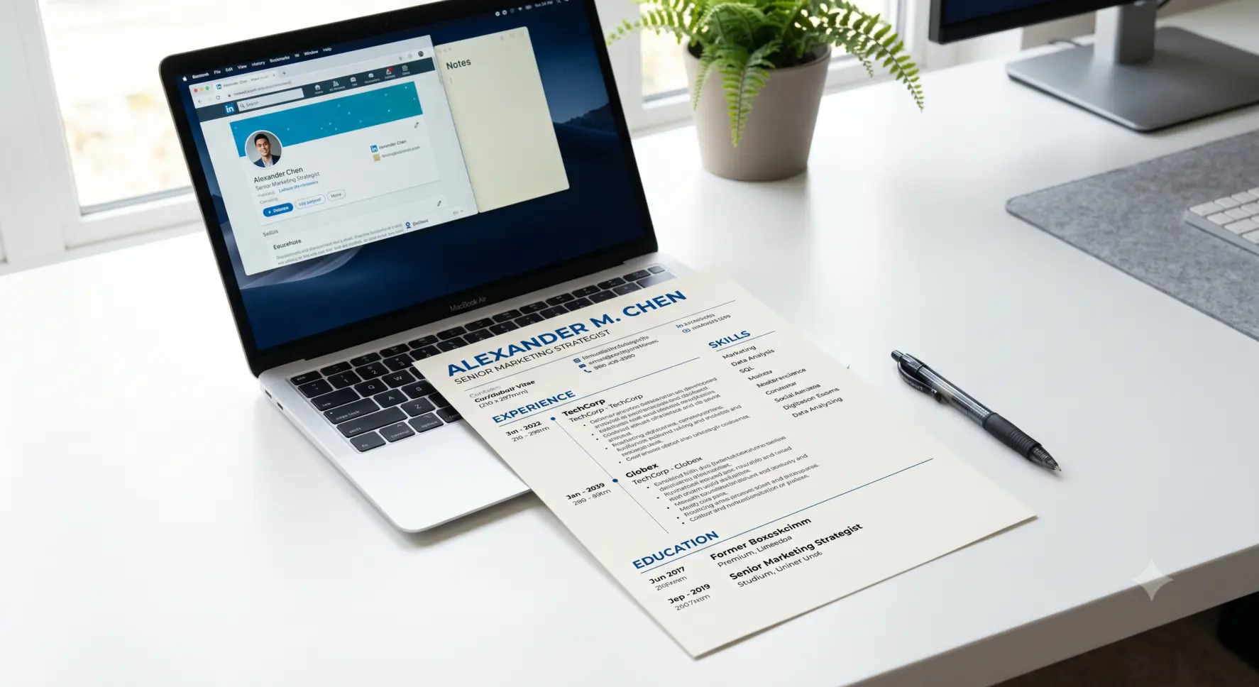 Professional CV template layout on a desk with a pen and laptop — Hicruit CV writing guide Pakistan
