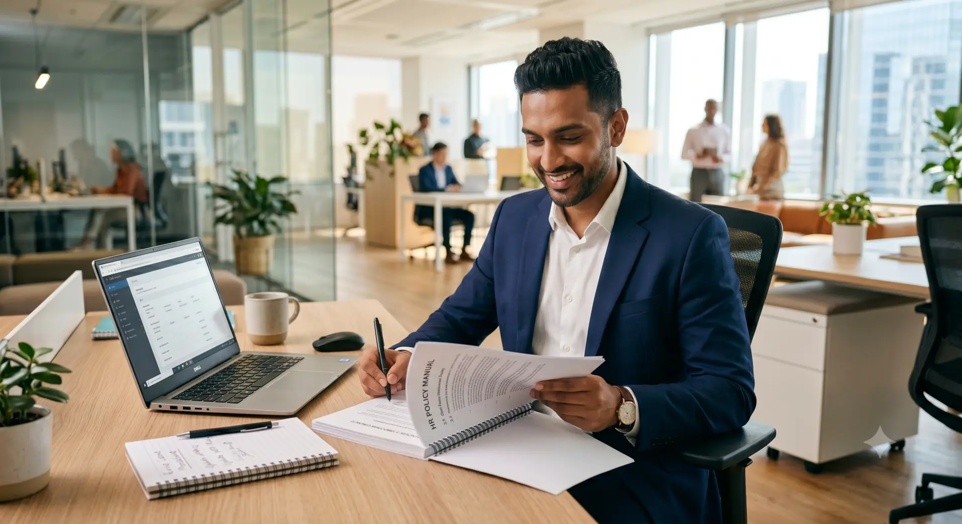 A professional HR manager reviewing a company HR policy manual in a modern corporate office setting