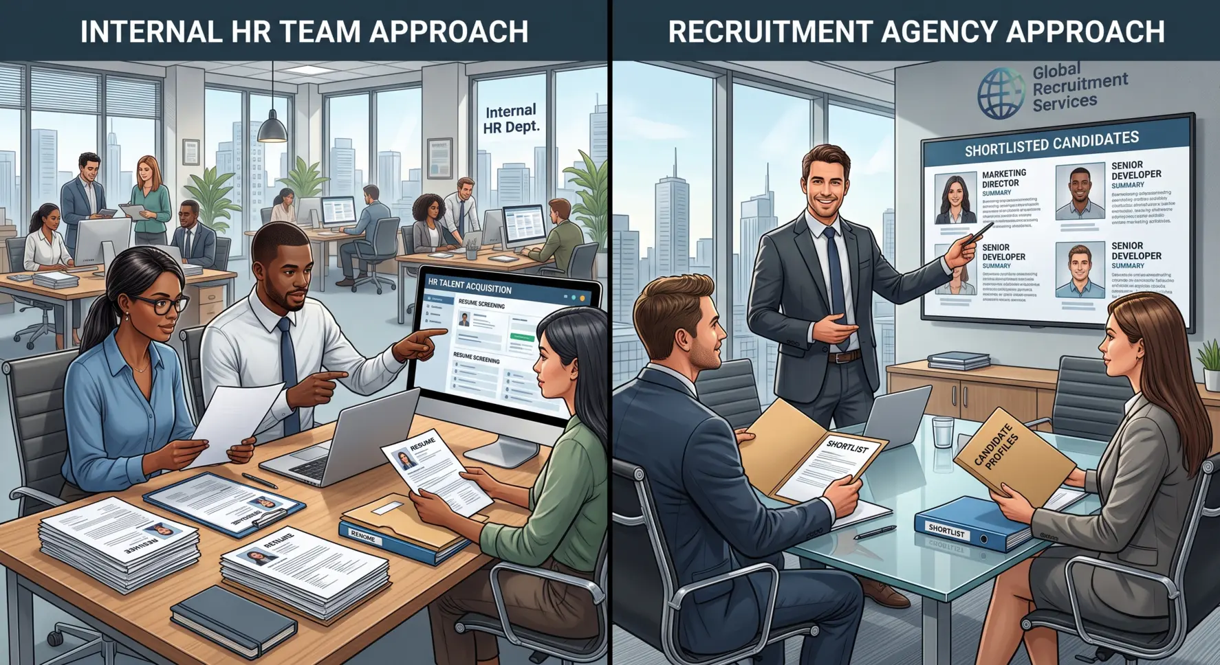 HR team comparing recruitment agency hiring and internal recruitment strategies for business growth