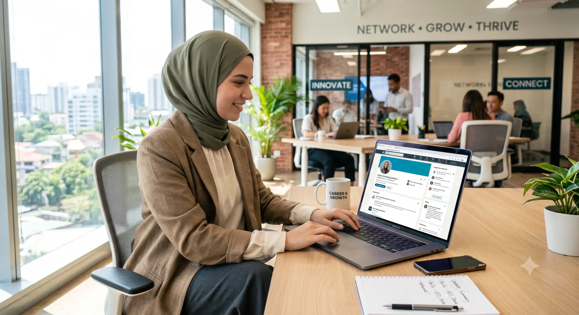 A professional updating their LinkedIn profile on a laptop to attract recruiters and improve their personal brand.