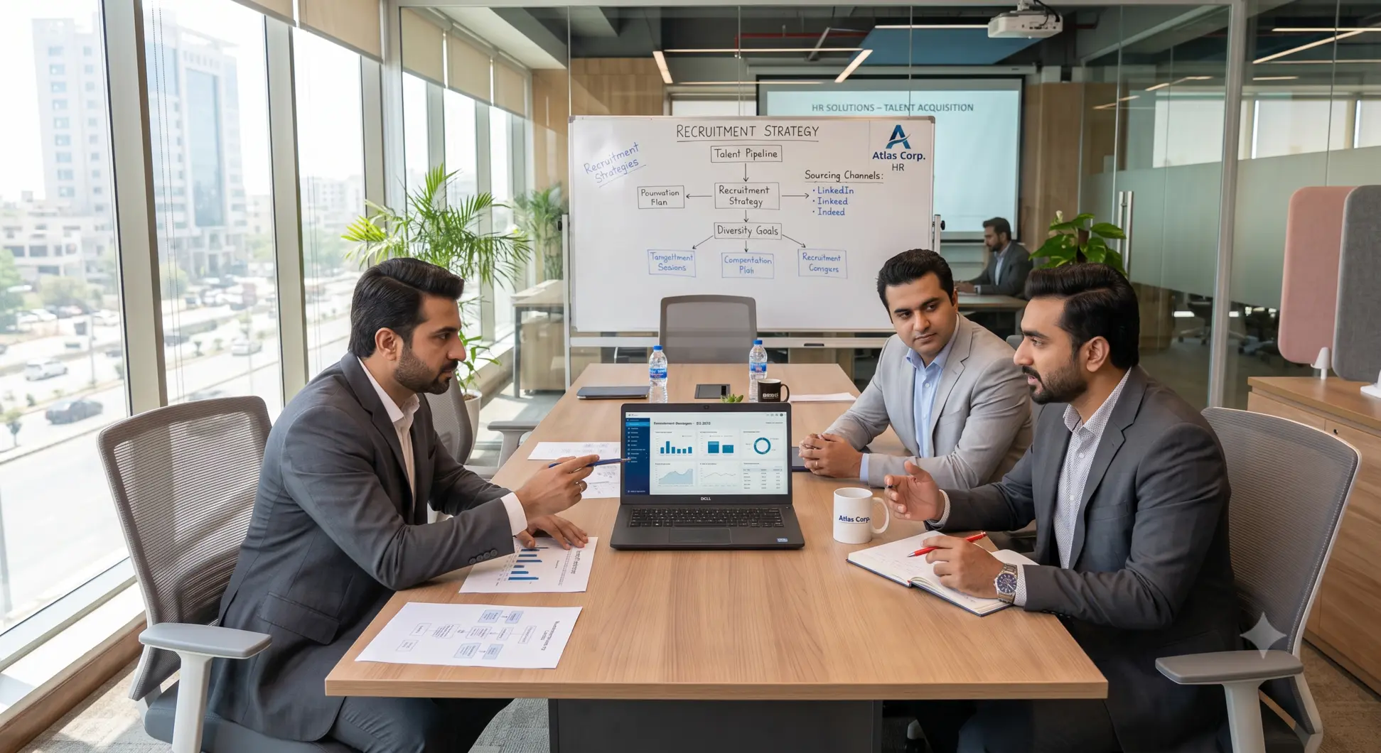 HR managers in a modern Pakistani office discussing recruitment strategies and hiring challenges.