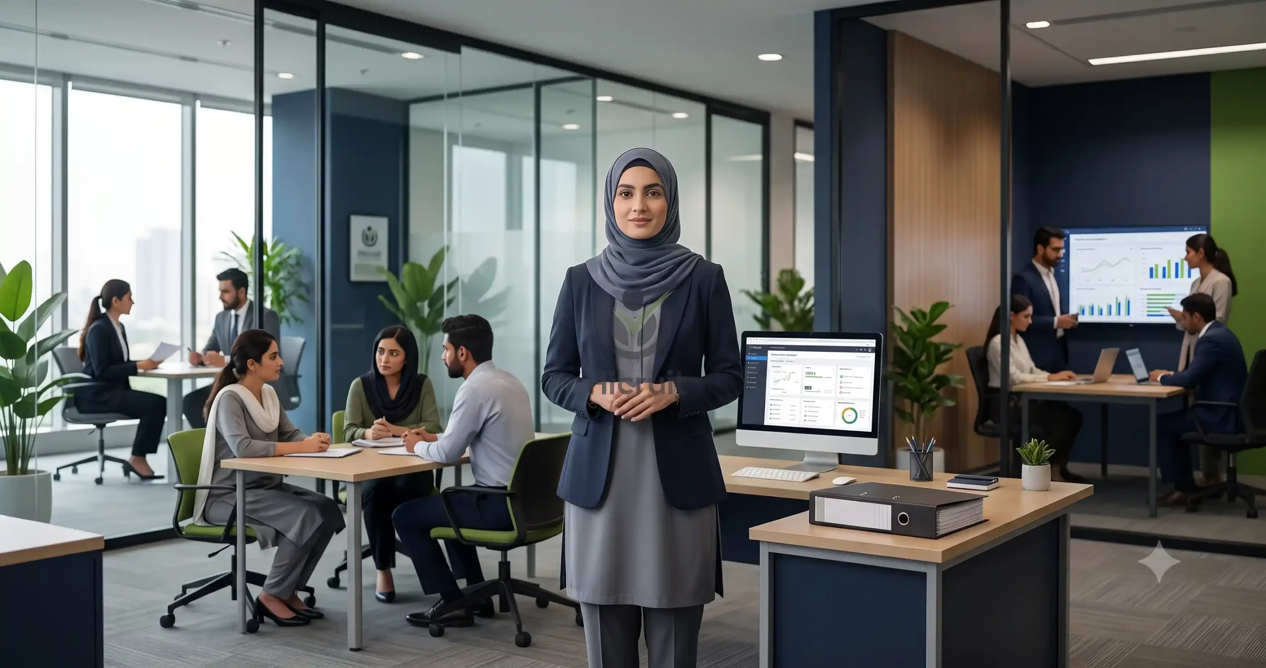 HR Manager reviewing employee policies and recruitment documents in a professional office