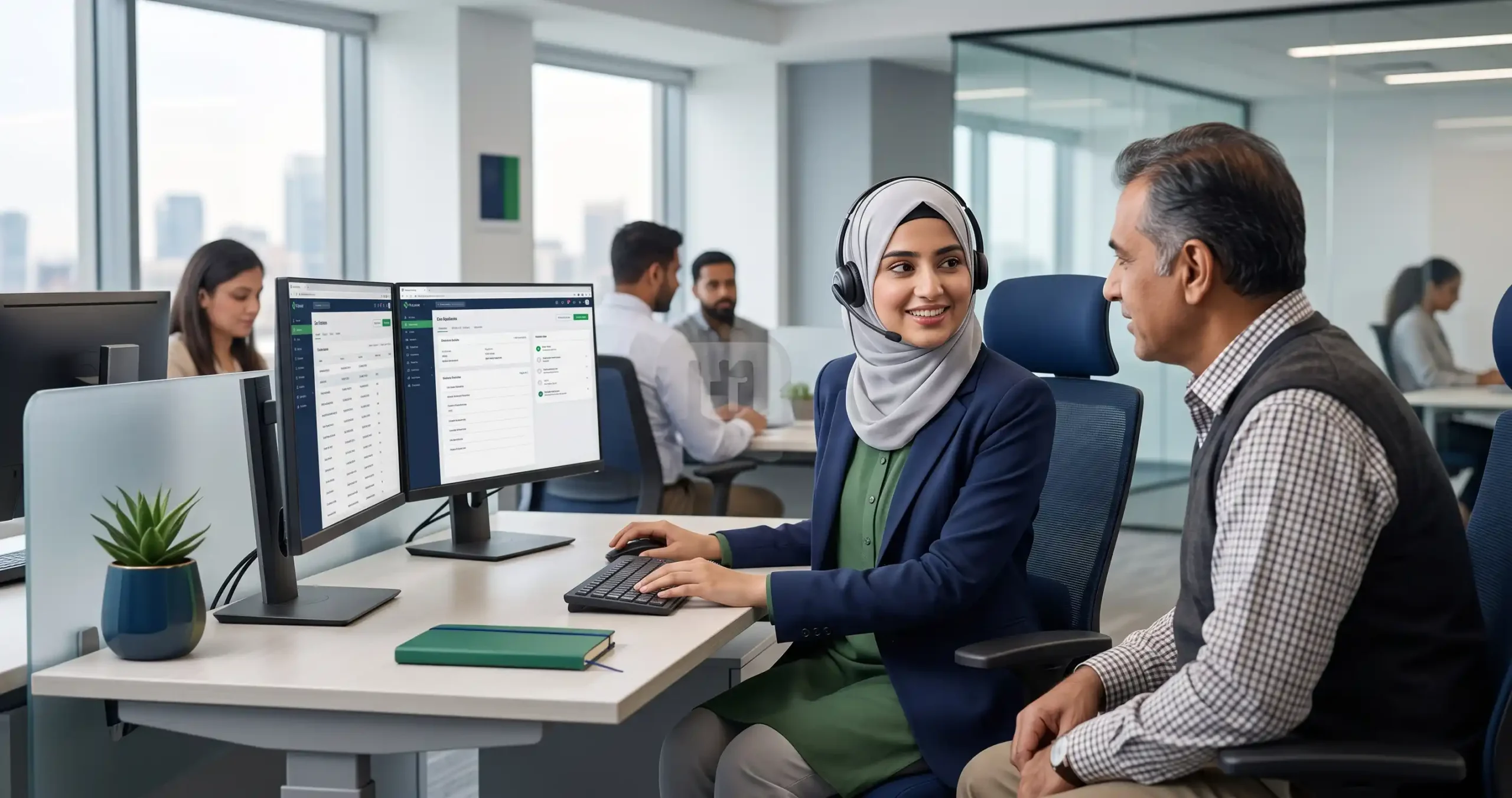 Customer service representative assisting a customer at a professional workplace