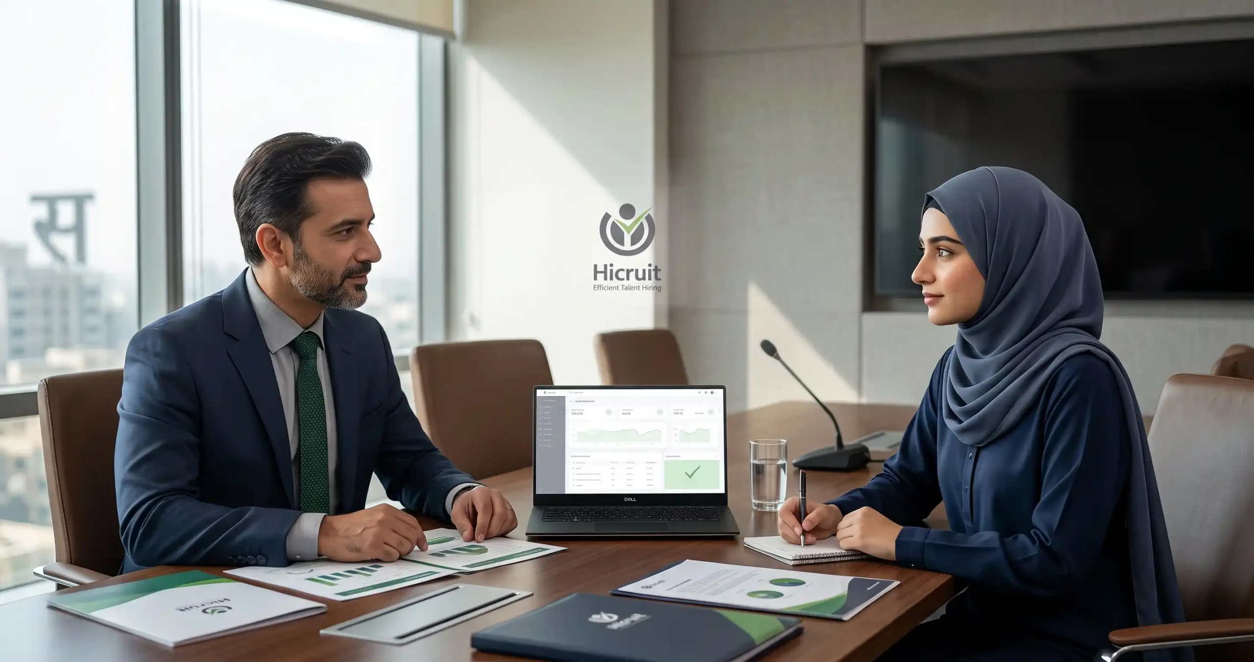 Manager conducting an employee performance review with performance goals and feedback