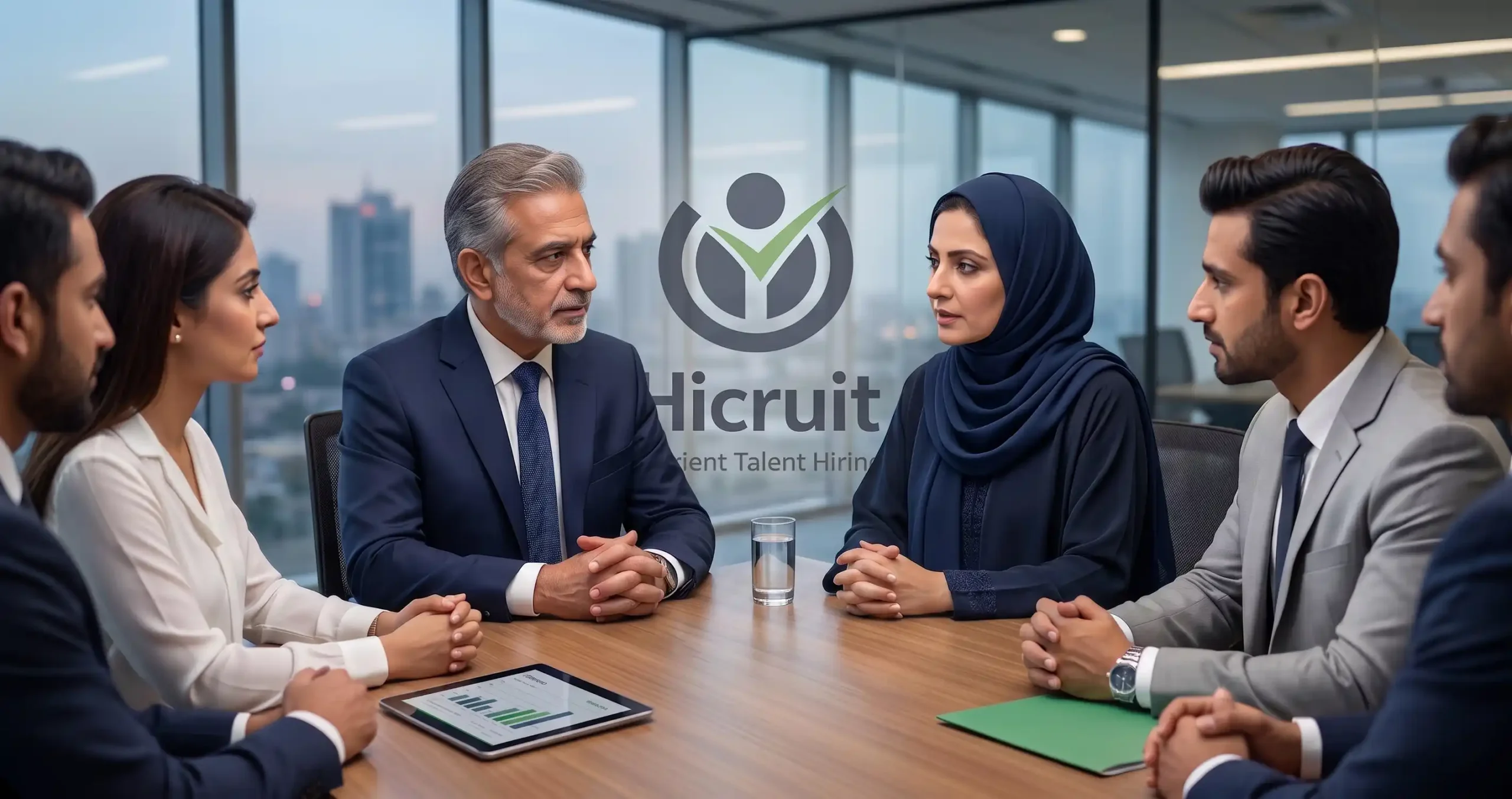 Executive search team discussing senior-level hiring strategy