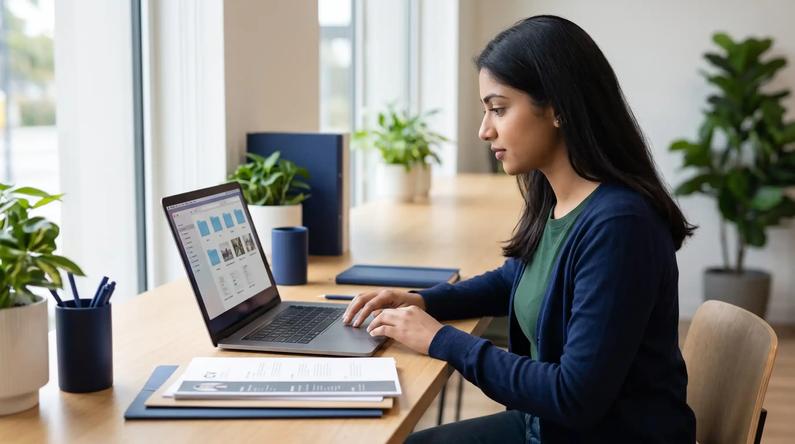 Graduate organizing project samples into a professional portfolio on a laptop